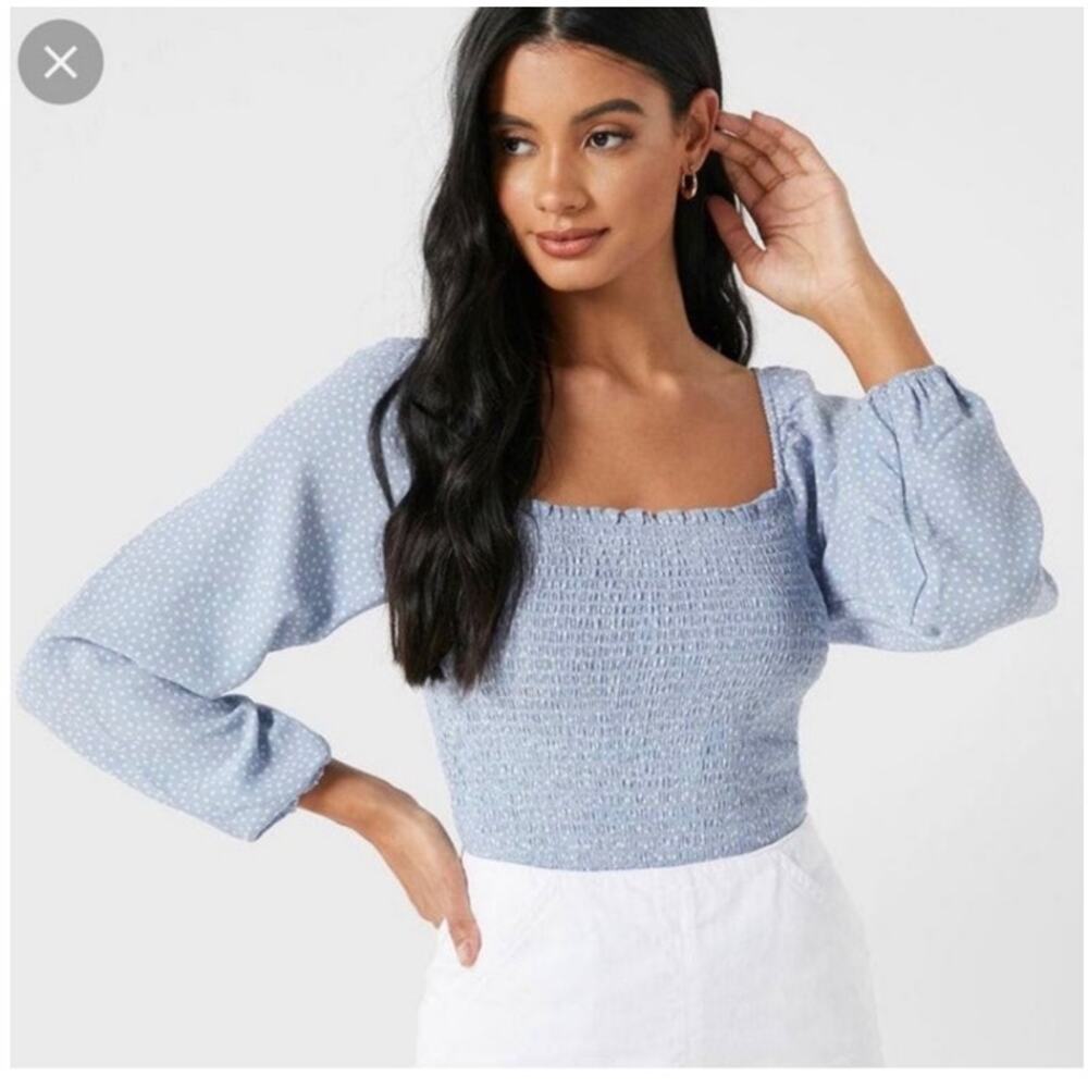 American Eagle Smocked Square Neck Long Sleeve Blouse Top  Blue Polka Dot Size M